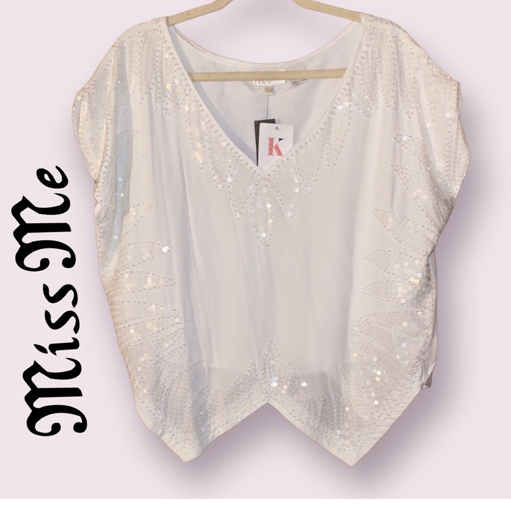Miss Me White Sequin V-Neck Women's Top